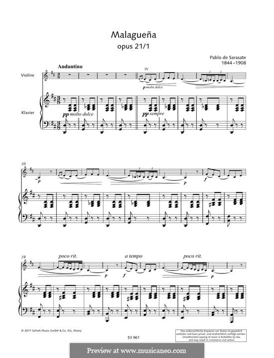 Malagueña, Op.21: para violino by Pablo de Sarasate