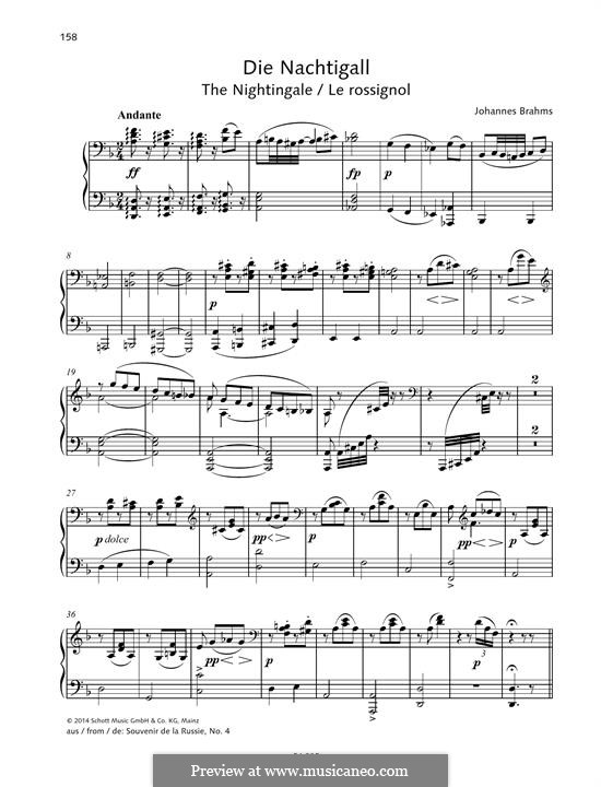 Six Songs, Op.97: No.1 Nachtigall (Nightingale), for piano by Johannes Brahms