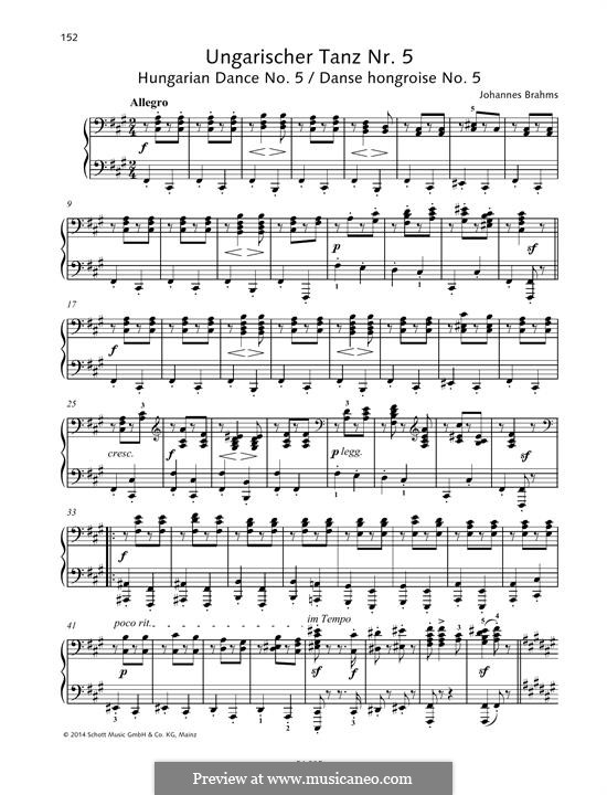 Dance No.5 in F Sharp Minor (Printable scores): Para Piano by Johannes Brahms