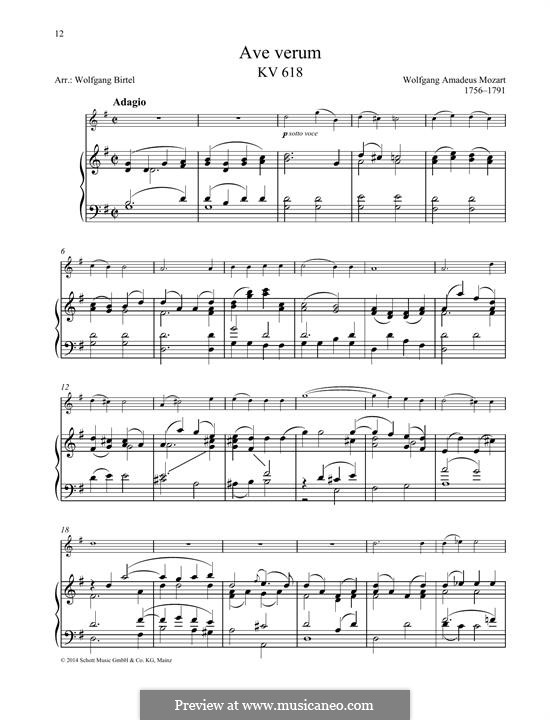 Ave verum corpus (Printabel Scores), K.618: For any instrument and piano by Wolfgang Amadeus Mozart