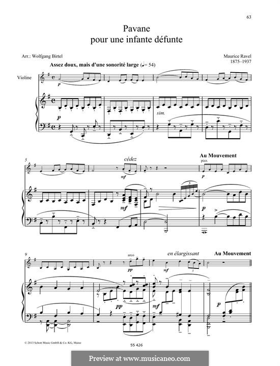 Pavane pour une infante défunte (Pavane for a Dead Princess), M.19: para violino by Maurice Ravel