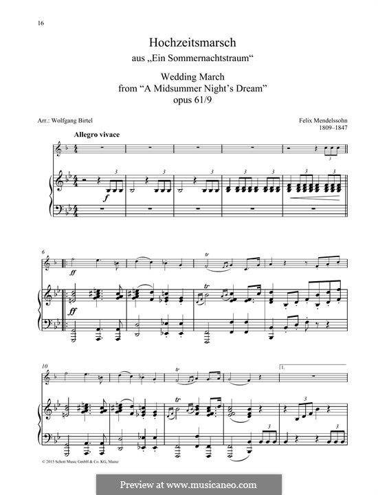 Wedding March (Printable Scores): For any instrument and piano by Felix Mendelssohn-Bartholdy