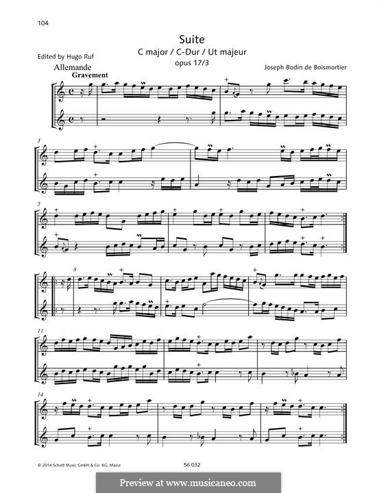 Six Suites for Two Flutes, Op.17: No.3 Suite C Major by Joseph Bodin de Boismortier