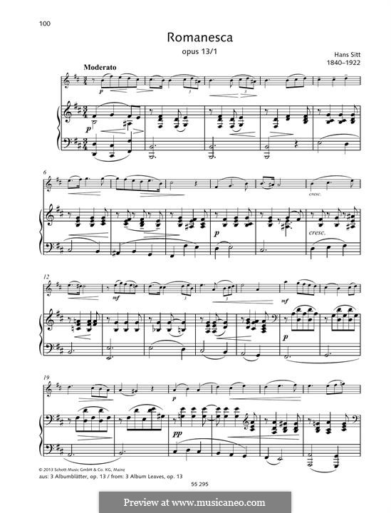 Three Album Leaves. Romanesca, Op.13 No.1: partitura by Hans Sitt