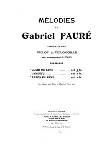 Two Songs, Op.46: No.2 Clair de lune (Moonlight) for violin (or cello) and piano by Gabriel Fauré