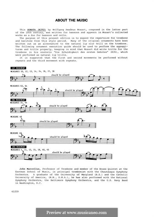 Sonata for Bassoon and Cello in B Flat Major, K.292: Version for trombone and piano – Trombone part by Wolfgang Amadeus Mozart