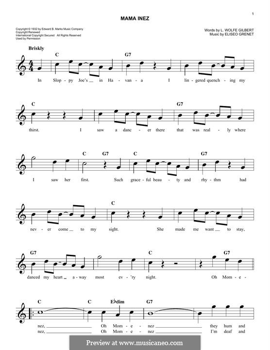 Mama Inez (Eliseo Grenet): para teclado by L. Wolfe Gilbert