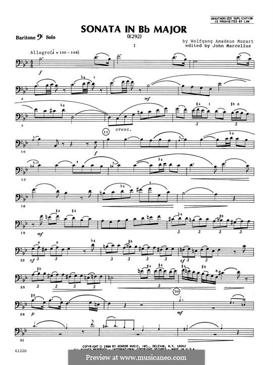 Sonata for Bassoon and Cello in B Flat Major, K.292: Version for Baritone B.C. and piano – solo part by Wolfgang Amadeus Mozart
