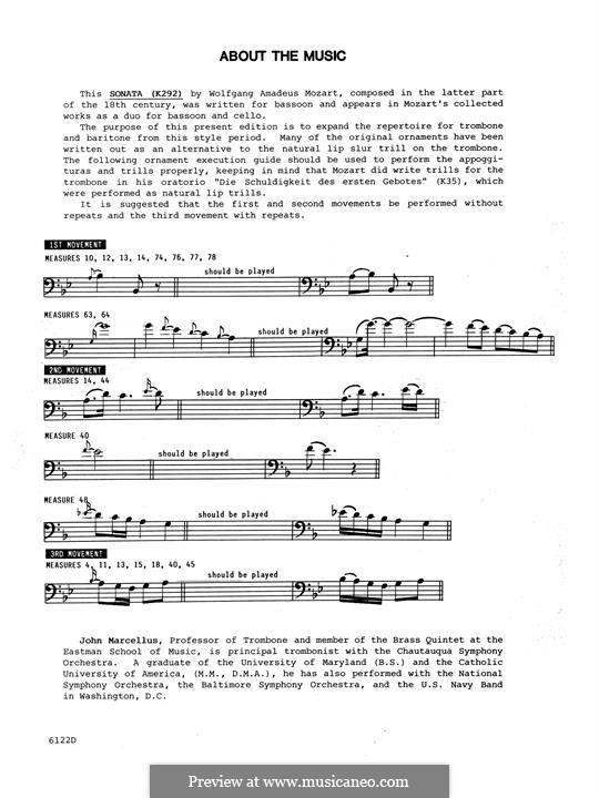 Sonata for Bassoon and Cello in B Flat Major, K.292: Version for Baritone and piano – Piano Accompaniment by Wolfgang Amadeus Mozart