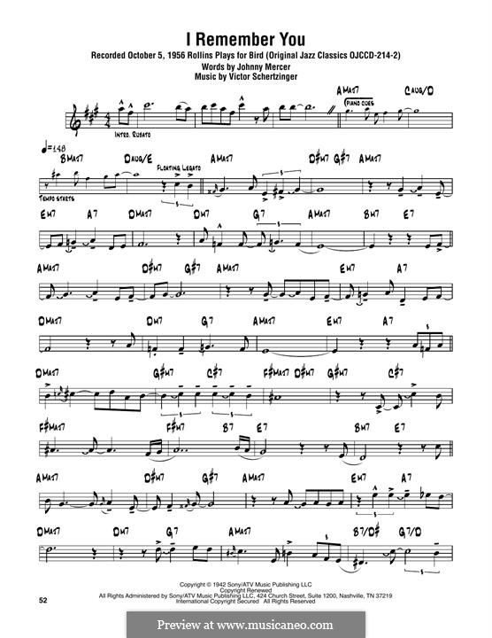I Remember You (Diana Krall): para saxofone tenor by Victor Schertzinger