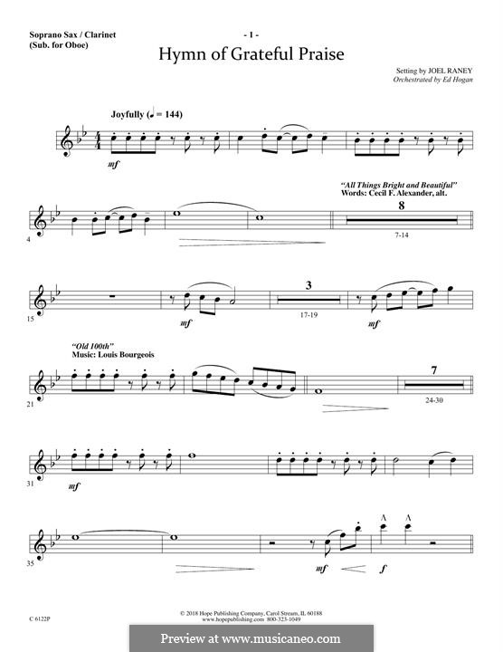 Hymn of Grateful Praise: Soprano Sax/Clarinet (sub oboe) part by Joel Raney