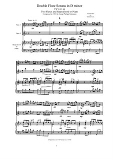 Double Flute Sonata in D minor for Two Flutes and Harpsichord (or Piano), TWV 42:d4: Double Flute Sonata in D minor for Two Flutes and Harpsichord (or Piano) by Georg Philipp Telemann