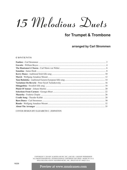 15 Melodious Duets: For trumpet and trombone by William Boyce, Carl Maria von Weber, folklore, James Hook, Carl Strommen