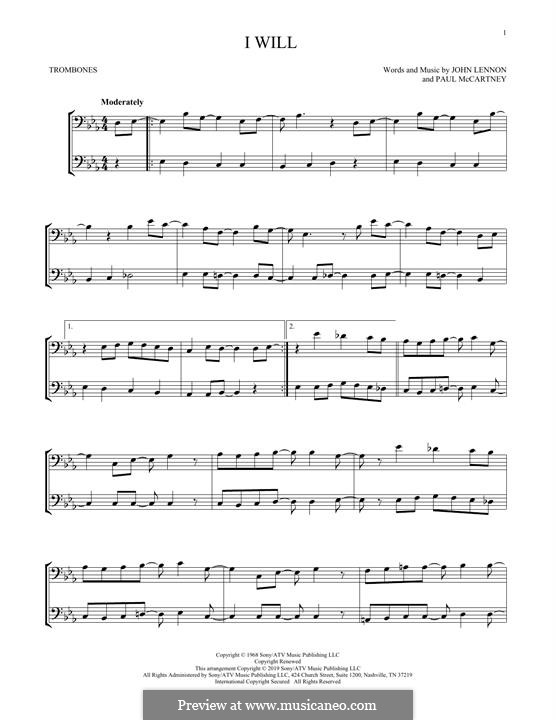 I Will (The Beatles): For two trombones by John Lennon, Paul McCartney