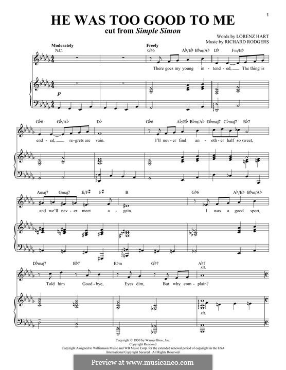 He Was too Good to Me: Para vocais e piano by Richard Rodgers