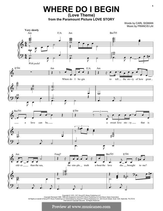 Where Do I Begin (Theme from Love Story): Para vocais e piano by Francis Lai