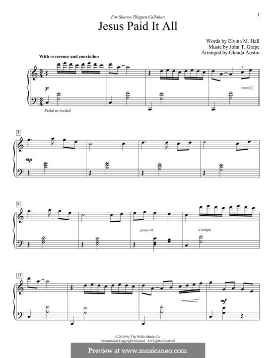 Jesus Paid It All: Para Piano by John T. Grape