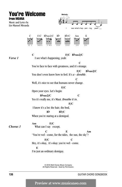 You're Welcome (from Moana): Lyrics and guitar chords by Lin-Manuel Miranda