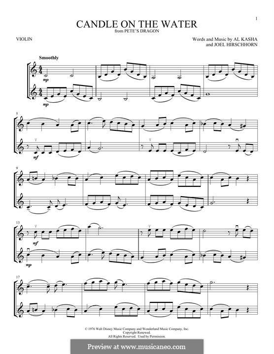 Candle on the Water (from Walt Disney's Pete's Dragon): para dois violinos by Al Kasha, Joel Hirschhorn