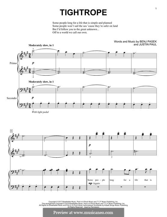 Tightrope (from The Greatest Showman): para piano de quadro mãos by Justin Paul, Benj Pasek