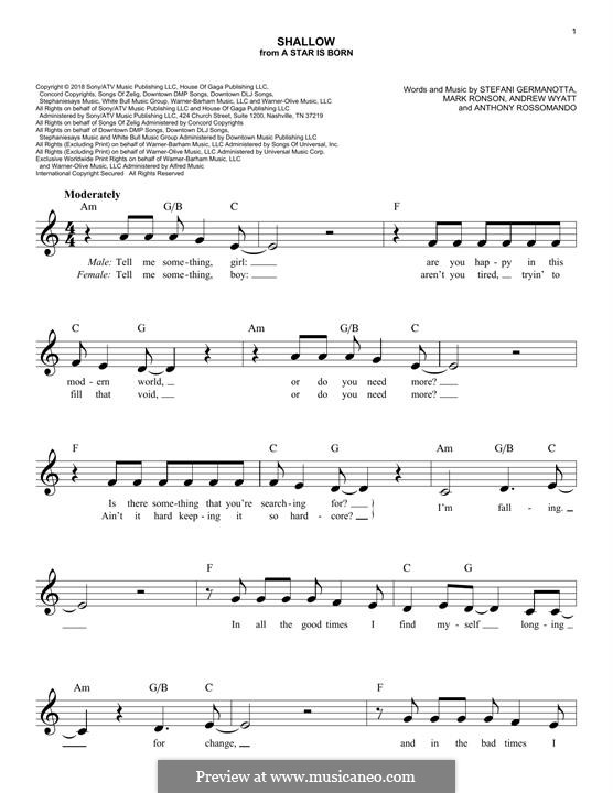 Shallow (from A Star Is Born) Lady Gaga & Bradley Cooper: para teclado by Andrew Wyatt, Anthony Rossomando, Mark Ronson, Stefani Germanotta