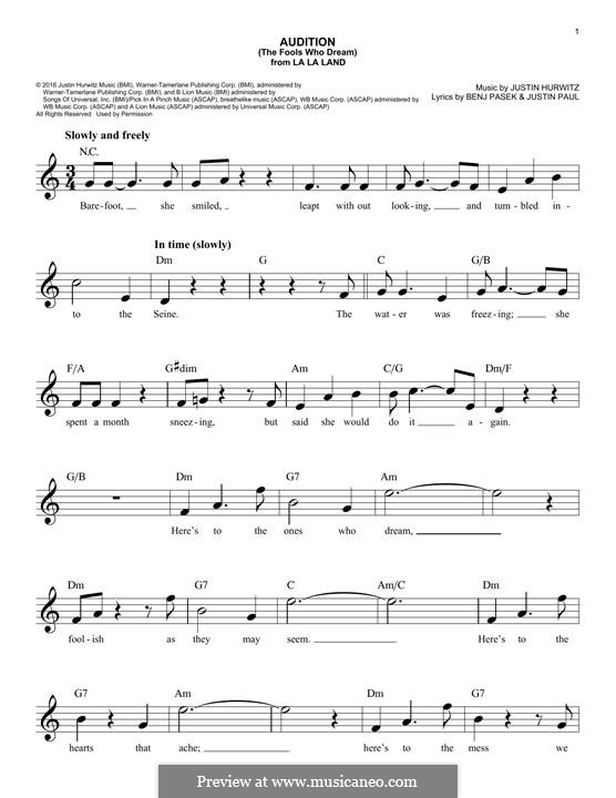 Audition (The Fools Who Dream) por J. Hurwitz - Partituras on músicaNeo