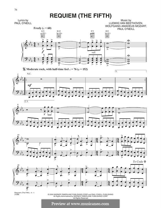 Requiem (The Fifth) Trans-Siberian Orchestra: Para vocais e piano (ou Guitarra) by Wolfgang Amadeus Mozart, Ludwig van Beethoven, Paul O'Neill