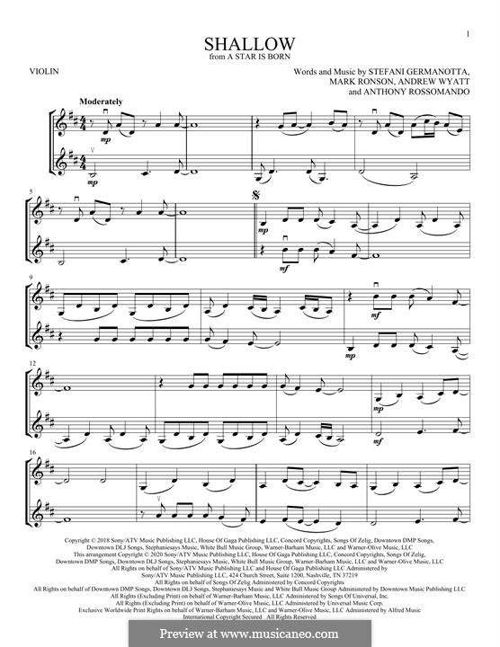 Shallow (from A Star Is Born) Lady Gaga & Bradley Cooper: para dois violinos by Andrew Wyatt, Anthony Rossomando, Mark Ronson, Stefani Germanotta