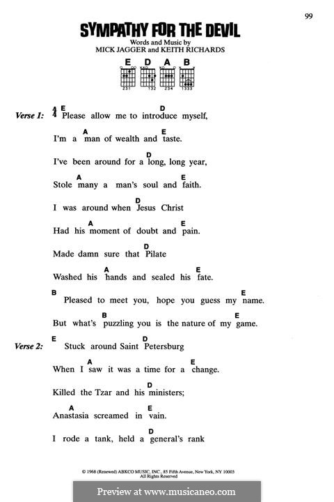 Sympathy for the Devil (The Rolling Stones): Lyrics and guitar chords by Keith Richards, Mick Jagger