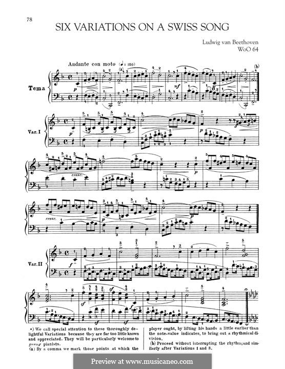 Six Easy Variations on Swiss Song for Piano, WoO 64: para um único musico (Editado por H. Bulow) by Ludwig van Beethoven