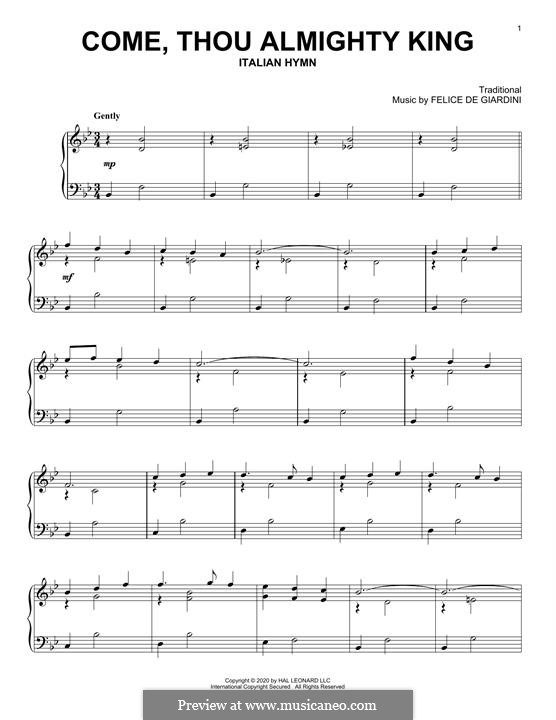Come, Thou Almighty King: Facil para o piano by Felice Giardini
