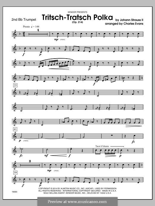 Tritsch Tratsch Polka, Op.214: For winds – 2nd Bb Trumpet part by Johann Strauss (Sohn)