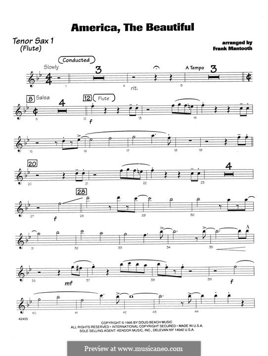 America, The Beautiful: For orchestra - 1st Tenor Saxophone part by Samuel Augustus Ward