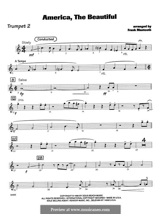 America, The Beautiful: For orchestra - 2nd Bb Trumpet part by Samuel Augustus Ward