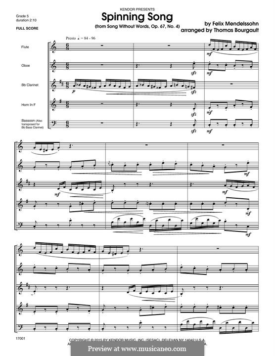 Songs without Words, Op.67: No.4 Spinning Song, for winds – full score by Felix Mendelssohn-Bartholdy