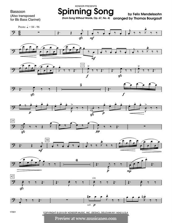 Songs without Words, Op.67: No.4 Spinning Song, for winds – Opt. bass clarinet part by Felix Mendelssohn-Bartholdy