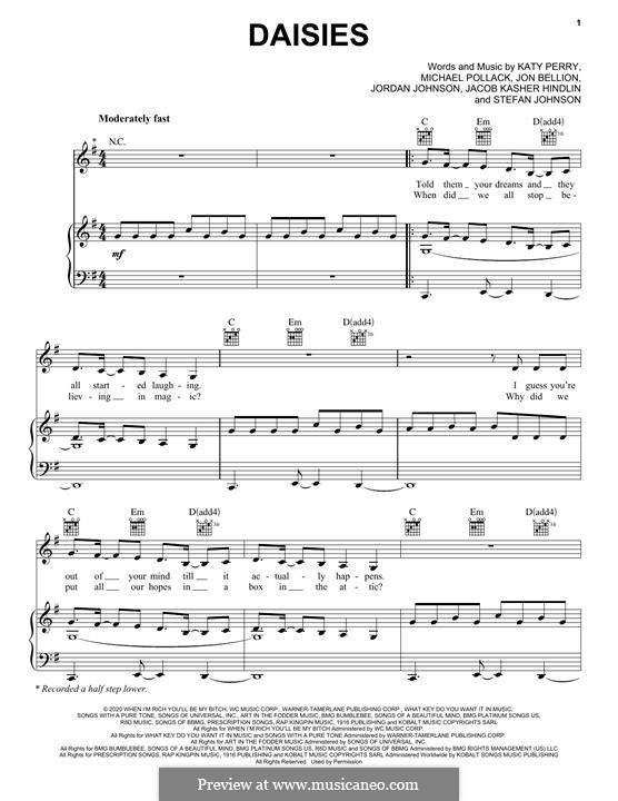 Daisies (Katy Perry): Para vocais e piano (ou Guitarra) by Jacob Kasher Hindlin, Katy Perry, Jonathan Bellion, Stefan Johnson, Jordan Johnson, Michael Pollack