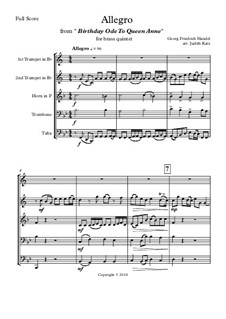 Ode for the Birthday of Queen Anne, HWV 74: Allegro, for brass quintet - Score & Parts by Georg Friedrich Händel