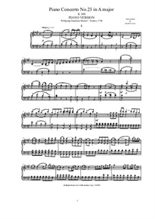 Concerto for Piano and Orchestra No.23 in A Major, K.488: Piano version by Wolfgang Amadeus Mozart