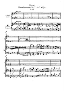 Concerto for Piano and Orchestra No.23 in A Major, K.488: arranjos para dois pianos de quatro mãos by Wolfgang Amadeus Mozart
