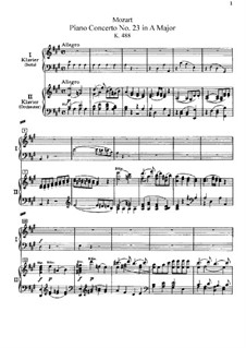 Concerto for Piano and Orchestra No.23 in A Major, K.488: arranjos para dois pianos de quatro mãos by Wolfgang Amadeus Mozart