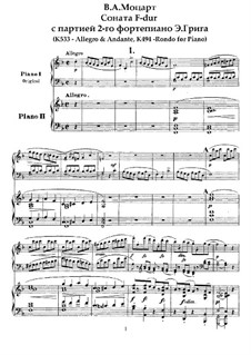 Sonata for Piano No.15 in F Major, K.533/494: arranjos para dois pianos de quatro mãos by Wolfgang Amadeus Mozart