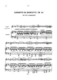 Quintet for Clarinet and Strings in A Major, K.581: Movement II. Arrangement for violin (or cello, or flute) and piano by Wolfgang Amadeus Mozart