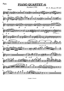 Quartet for Piano and Strings No.1 in G Minor, K.478: Version for flute, clarinet, bassoon and piano – parts by Wolfgang Amadeus Mozart