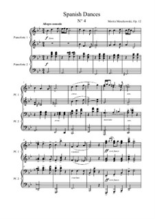 Five Spanish Dances, Op.12: Dance No.4, for piano four hands by Moritz Moszkowski