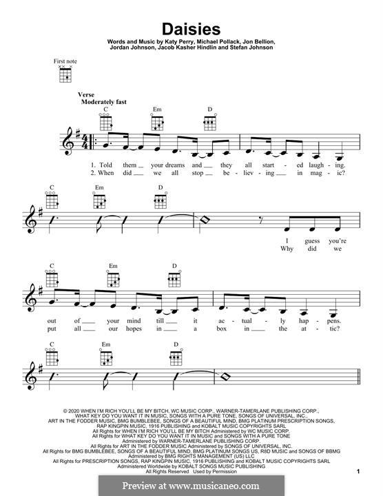 Daisies (Katy Perry): para ukulele by Jacob Kasher Hindlin, Katy Perry, Jonathan Bellion, Stefan Johnson, Jordan Johnson, Michael Pollack
