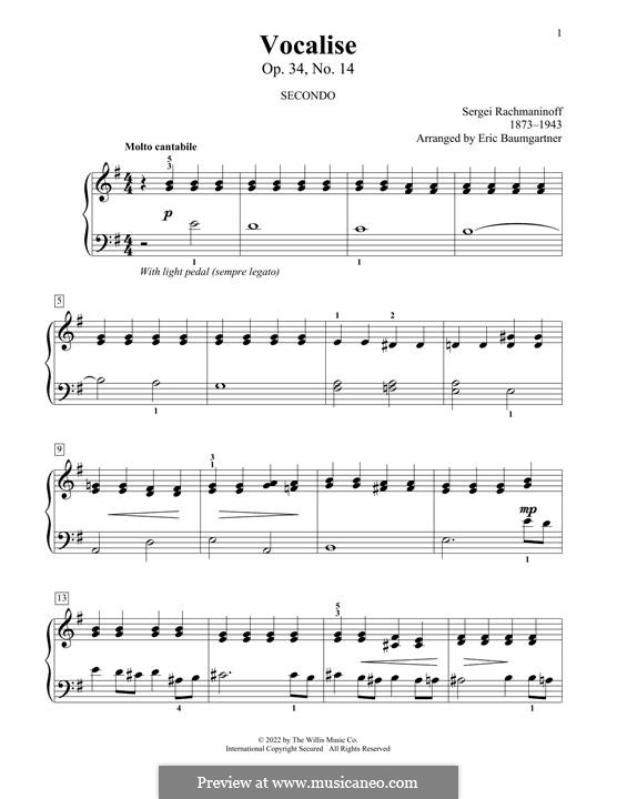 Vocalise, Op.34 No.14: para piano de quadro mãos by Sergei Rachmaninoff