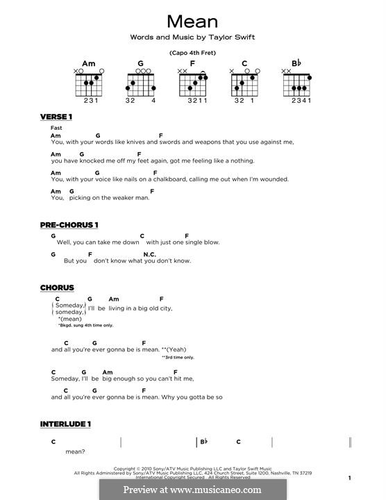 Mean: Lyrics and guitar chords by Taylor Swift