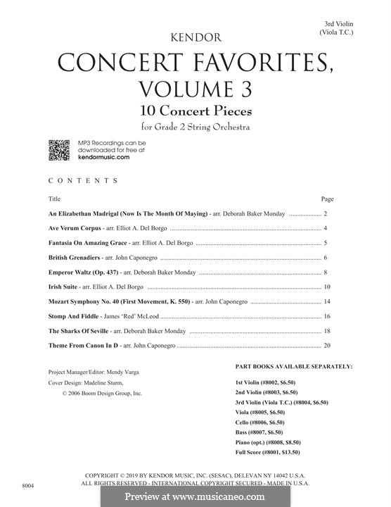 Kendor Concert Favorites, Volume 3: 3rd Violin (Viola T.C.) part by Wolfgang Amadeus Mozart, Johann Strauss (Sohn), Johann Pachelbel