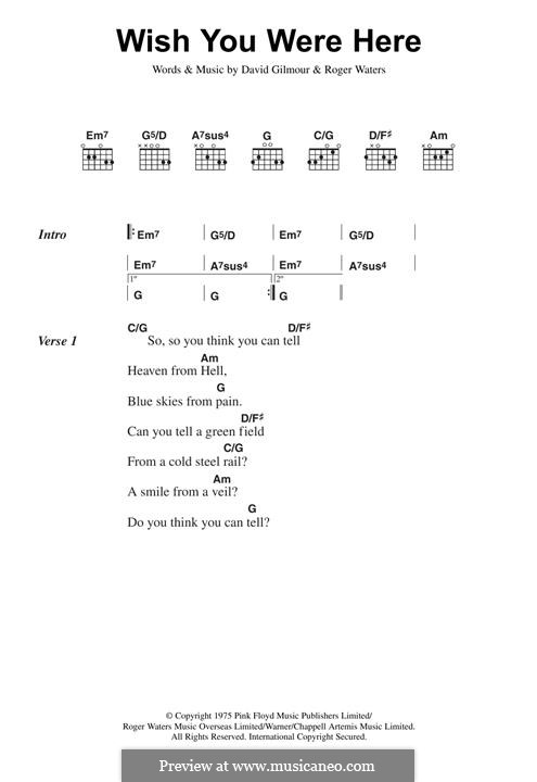 Wish You Were Here (Pink Floyd): Lyrics and guitar chords by David Gilmour, Roger Waters